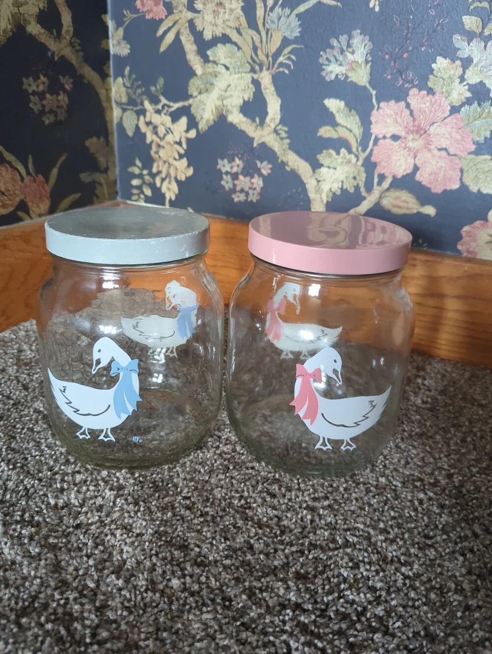 Vintage Ball Glass Storage Jars with Duck Bow Motifs Grannycore